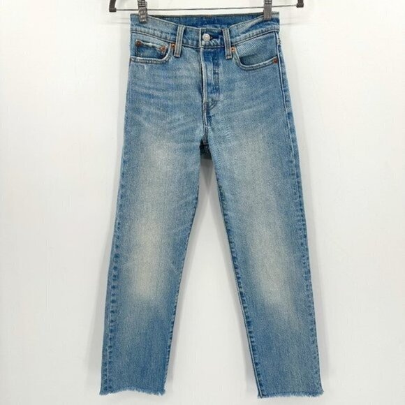 Levi's 501 Tapered High Rise Button Fly Light Wash Raw Hem Denim 24 Cropped Jean - Picture 1 of 9
